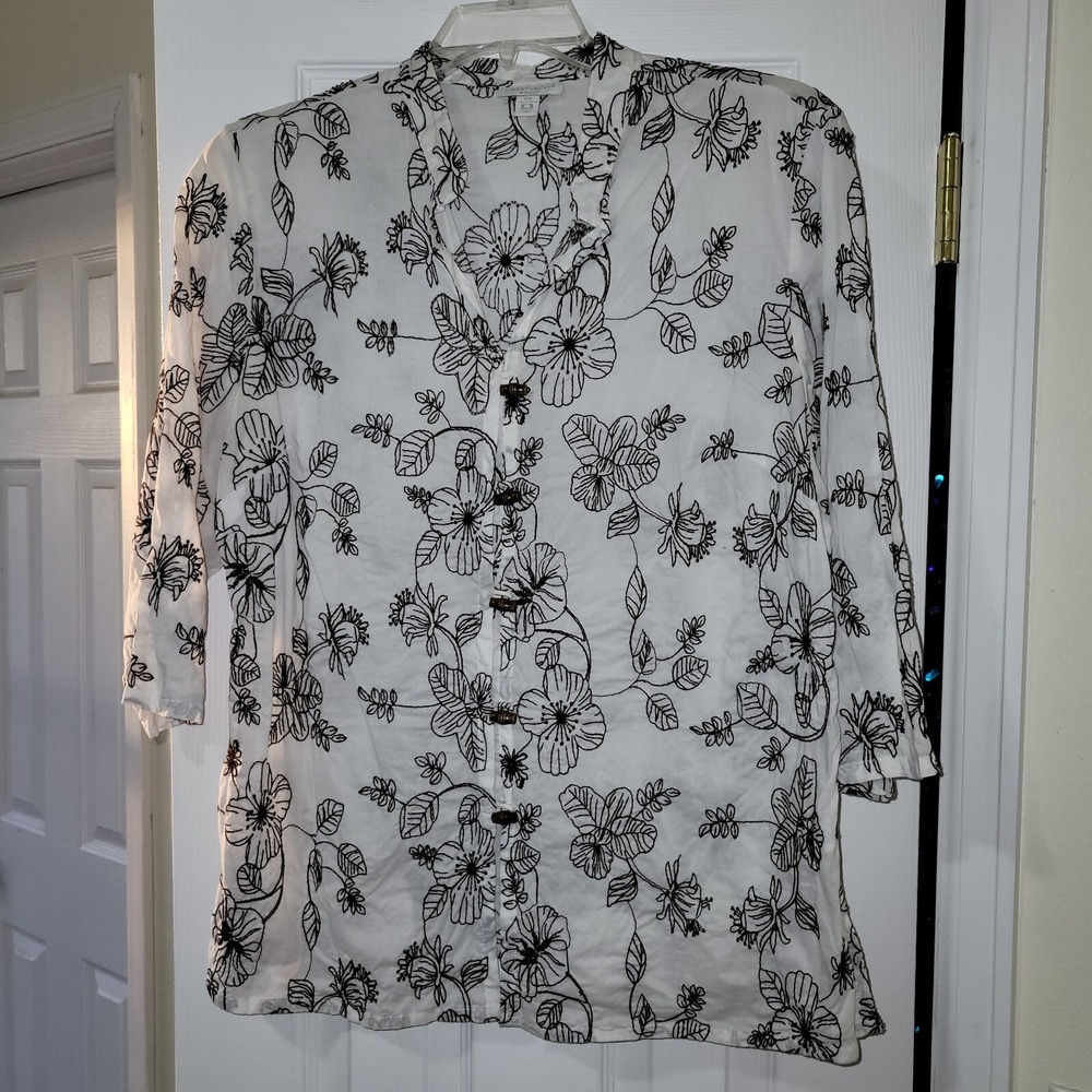 Charter Club Woman Blouse Size 14W‎ Embroidered Off-white Brown 3/4 Sleeve